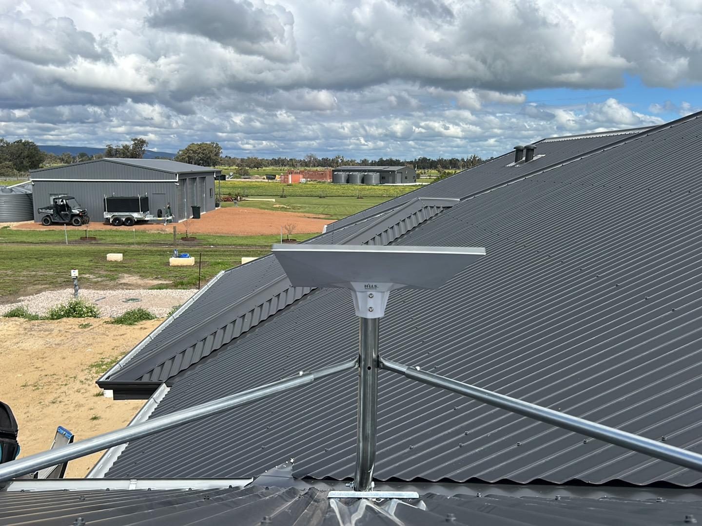 Starlink dish installation, North Dandalup WA — colorbond roof mount